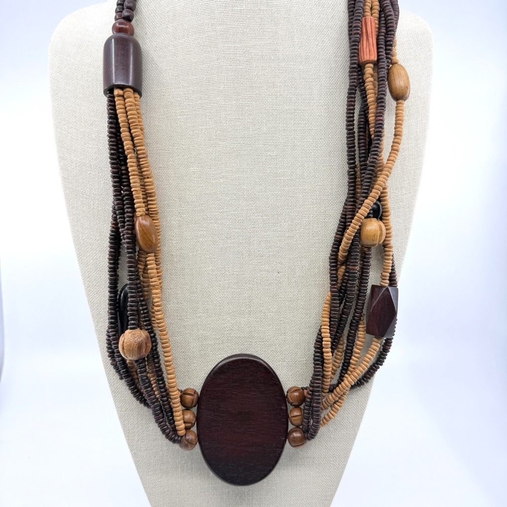Boho Multi-Strand Wood Bead Necklace Earthy Brown Statement Layering Accessory
